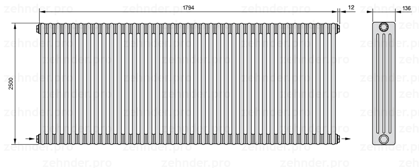 Схема (чертеж) Радиатор Zehnder Charleston 4250/39 №2670 Белый глянцевый RAL 9016